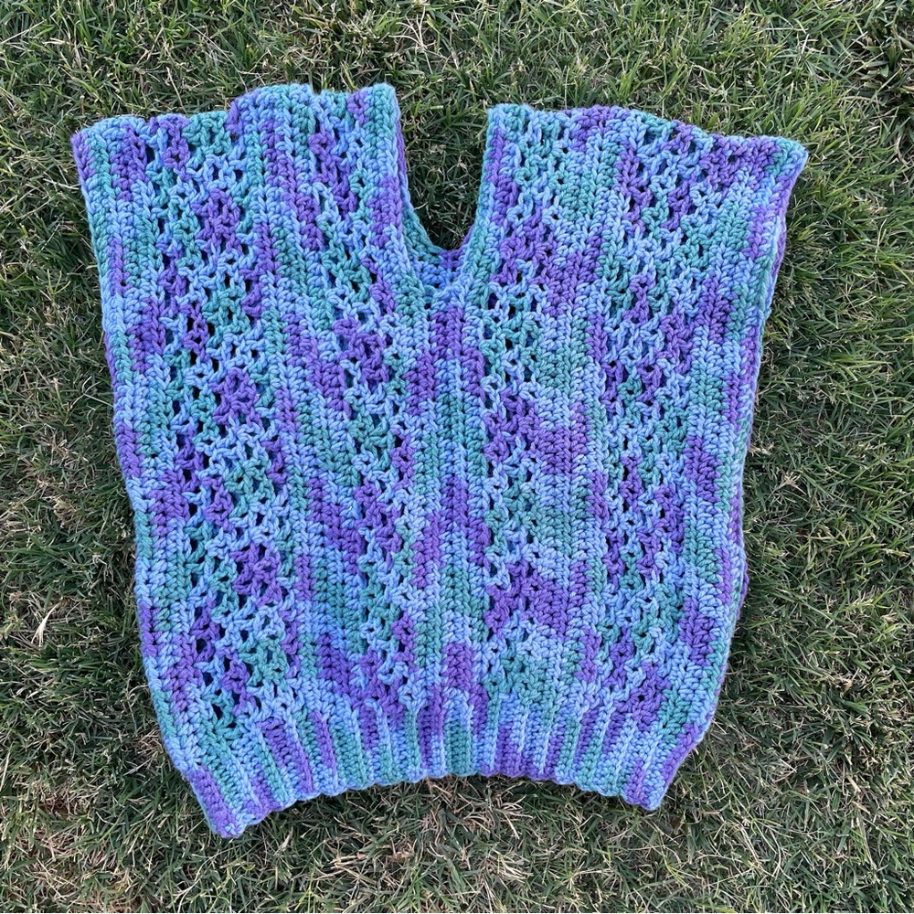 Handmade | Knitted Blue & Purple Retro Vintage Short-Sleeve Blouse Top